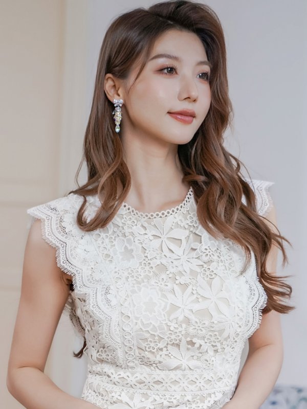 画像4: [送料無料][ERUKEI]ホワイト・総レース・フラワーレース・ノースリーブ・タイト・ミディアムドレス・ワンピース[即日発送][大きいサイズあり] (4)