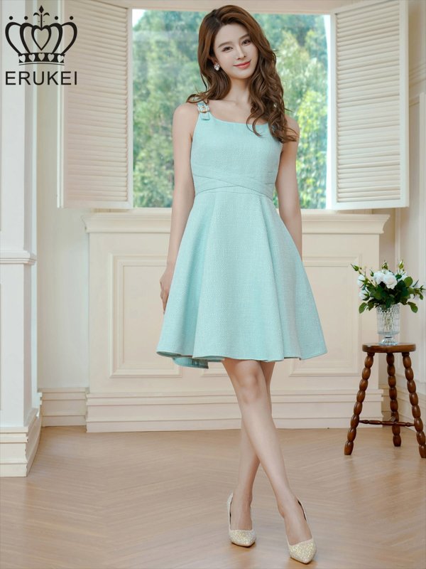 画像5: [送料無料][ERUKEI]グリーン・ノースリーブ・ベルト風・サマーツイード・Aライン・ミニドレス・ワンピース[即日発送][大きいサイズあり] (5)