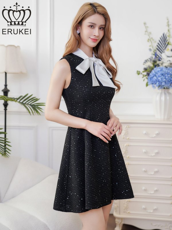 画像2: [送料無料][ERUKEI]ブラック・バイカラー・ノースリーブ・プチハイネック・リボン・Aライン・ミニドレス・ワンピース[即日発送][大きいサイズあり] (2)