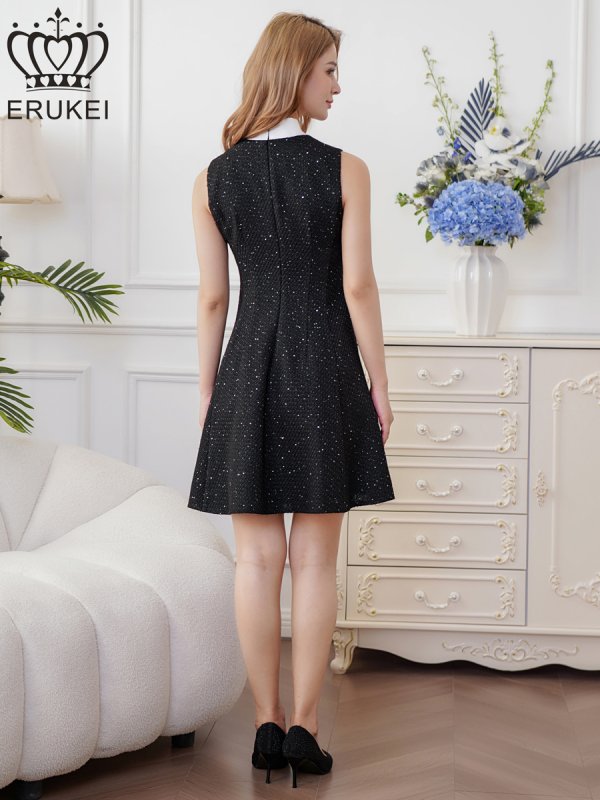 画像3: [送料無料][ERUKEI]ブラック・バイカラー・ノースリーブ・プチハイネック・リボン・Aライン・ミニドレス・ワンピース[即日発送][大きいサイズあり] (3)