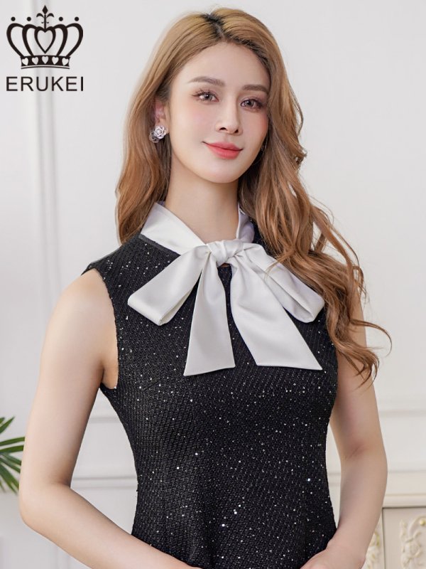 画像4: [送料無料][ERUKEI]ブラック・バイカラー・ノースリーブ・プチハイネック・リボン・Aライン・ミニドレス・ワンピース[即日発送][大きいサイズあり] (4)