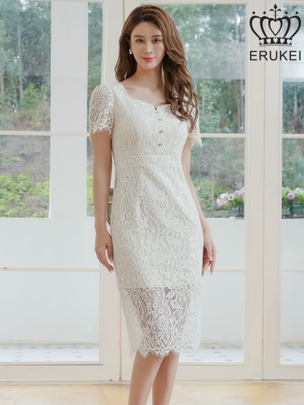 画像8: [送料無料][ERUKEI]ワインレッド・ホワイト・ベージュ・ブルー・ブラック・ラメ・レース・ビジューボタン・半袖・タイト・スリット・ミディアムドレス・ワンピース[即日発送][大きいサイズあり] (8)