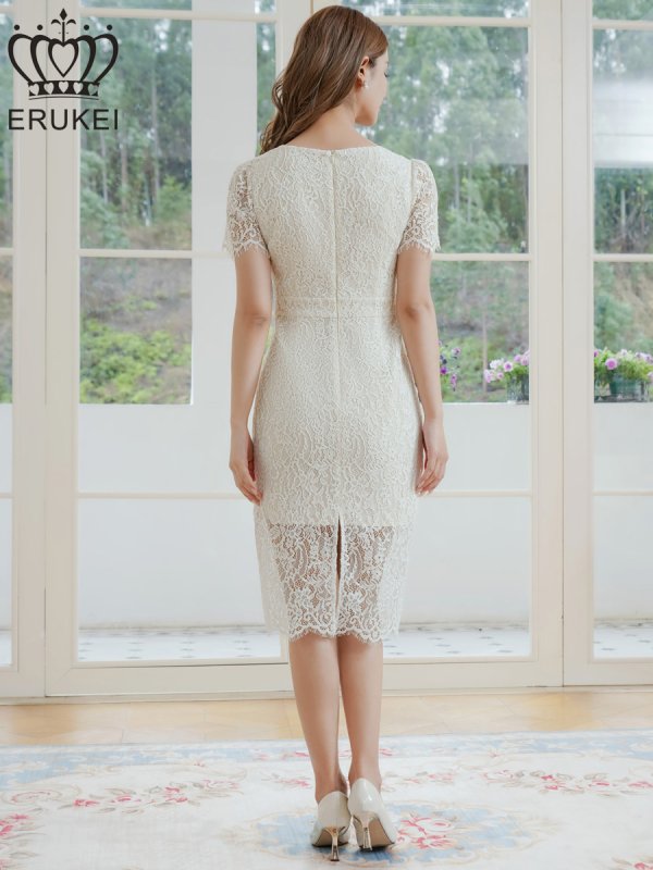 画像9: [送料無料][ERUKEI]ワインレッド・ホワイト・ベージュ・ブルー・ブラック・ラメ・レース・ビジューボタン・半袖・タイト・スリット・ミディアムドレス・ワンピース[即日発送][大きいサイズあり] (9)
