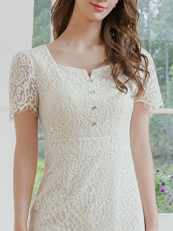 画像10: [送料無料][ERUKEI]ワインレッド・ホワイト・ベージュ・ブルー・ブラック・ラメ・レース・ビジューボタン・半袖・タイト・スリット・ミディアムドレス・ワンピース[即日発送][大きいサイズあり] (10)