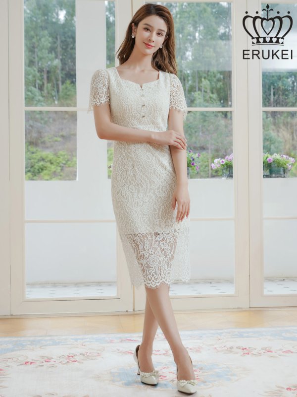 画像11: [送料無料][ERUKEI]ワインレッド・ホワイト・ベージュ・ブルー・ブラック・ラメ・レース・ビジューボタン・半袖・タイト・スリット・ミディアムドレス・ワンピース[即日発送][大きいサイズあり] (11)