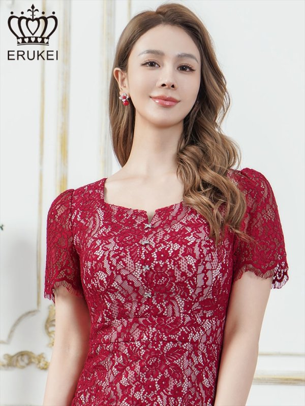 画像4: [送料無料][ERUKEI]ワインレッド・ホワイト・ベージュ・ブルー・ブラック・ラメ・レース・ビジューボタン・半袖・タイト・スリット・ミディアムドレス・ワンピース[即日発送][大きいサイズあり] (4)