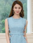 画像4: [送料無料][ERUKEI]ブルー・ホワイト・ノースリーブ・フリンジ・スパンコール・ラメ糸・ツイード・リボン・カットアウト・スリット・Aライン・ミニドレス・ワンピース[即日発送][大きいサイズあり] (4)