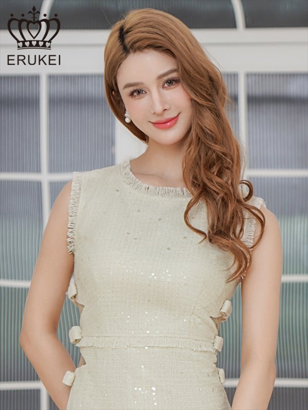 画像4: [送料無料][ERUKEI]ホワイト・ブルー・ノースリーブ・フリンジ・スパンコール・ラメ糸・ツイード・リボン・カットアウト・スリット・Aライン・ミニドレス・ワンピース[即日発送][大きいサイズあり] (4)