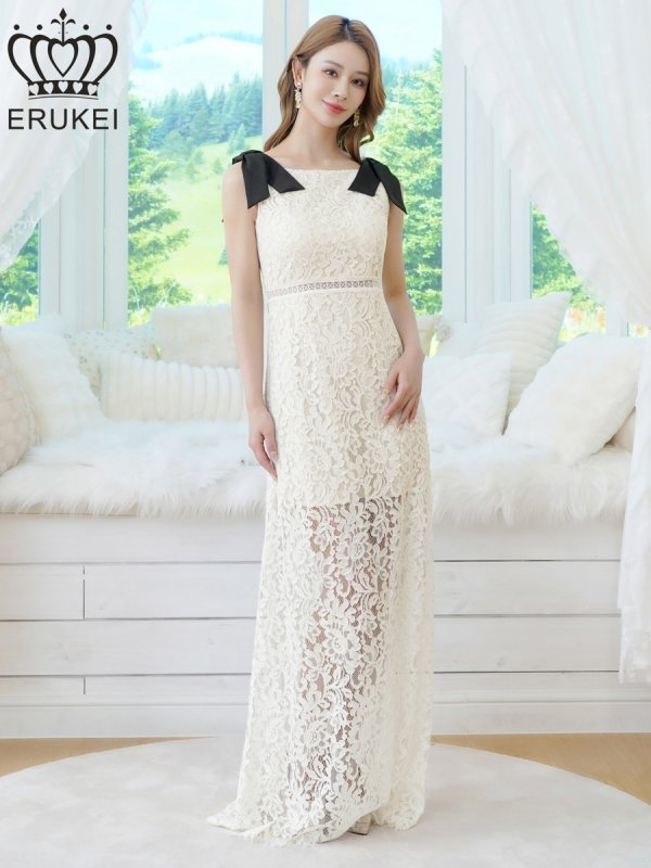 画像2: [送料無料][ERUKEI]]ホワイト×ブラック・レース・リボン・ノースリーブ・シアー・インナーミニ・マキシ丈・セミフレア・ロングドレス[即日発送][大きいサイズあり] (2)