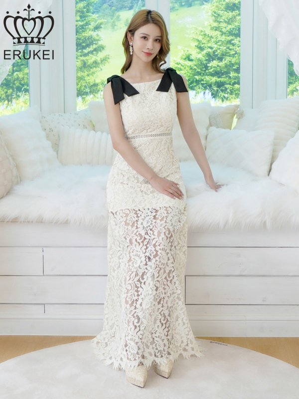 画像6: [送料無料][ERUKEI]]ホワイト×ブラック・レース・リボン・ノースリーブ・シアー・インナーミニ・マキシ丈・セミフレア・ロングドレス[即日発送][大きいサイズあり] (6)