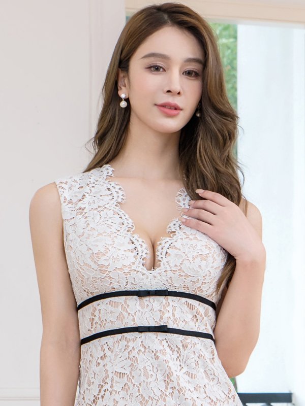 画像4: [送料無料][ERUKEI]ホワイト・総レース・シアー・ウエストマーク・ノースリーブ・インナーミニ・バックスリット・タイト・ロングドレス[即日発送][大きいサイズあり] (4)