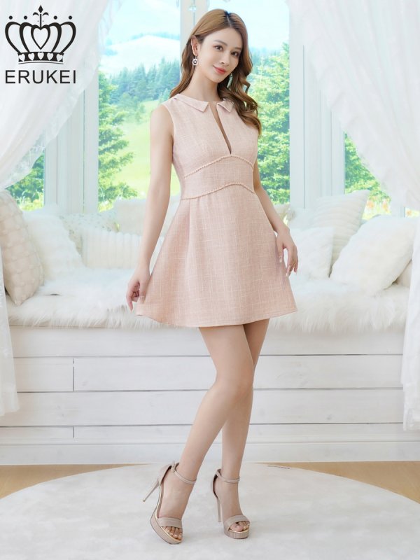 画像2: [送料無料][ERUKEI]ピンク・襟付き・ツイード・ノースリーブ・バストカット・ハイウエスト・Aライン・フレア・ミニドレス・ワンピース[即日発送][大きいサイズあり] (2)
