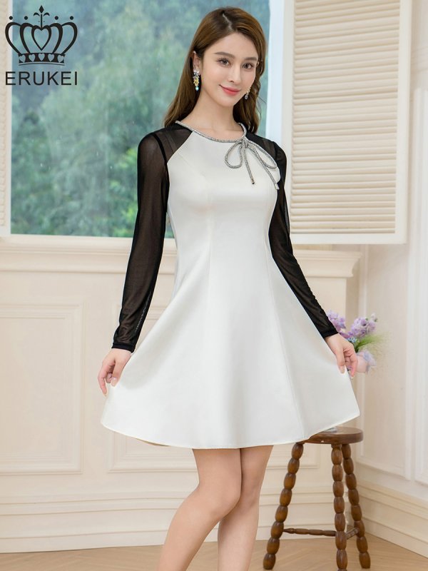 画像2: [送料無料][ERUKEI]ホワイト×ブラック・バイカラー・サテン・チュールネット・ラインストーン・長袖・Aライン・ミニドレス・ワンピース[即日発送][大きいサイズあり] (2)
