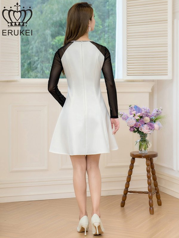 画像3: [送料無料][ERUKEI]ホワイト×ブラック・バイカラー・サテン・チュールネット・ラインストーン・長袖・Aライン・ミニドレス・ワンピース[即日発送][大きいサイズあり] (3)