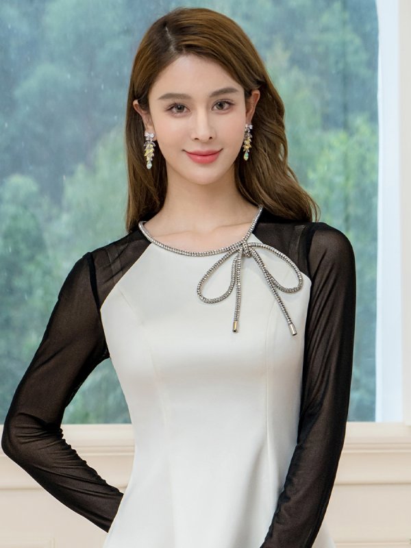 画像4: [送料無料][ERUKEI]ホワイト×ブラック・バイカラー・サテン・チュールネット・ラインストーン・長袖・Aライン・ミニドレス・ワンピース[即日発送][大きいサイズあり] (4)