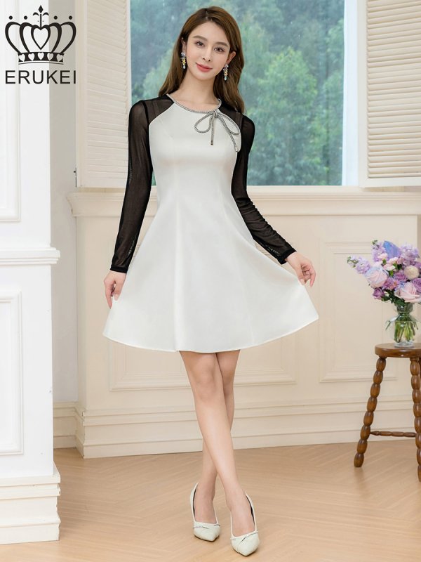 画像5: [送料無料][ERUKEI]ホワイト×ブラック・バイカラー・サテン・チュールネット・ラインストーン・長袖・Aライン・ミニドレス・ワンピース[即日発送][大きいサイズあり] (5)