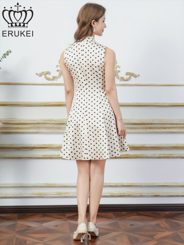 画像3: [送料無料][ERUKEI]アイボリー×ブラック・ピンク×ブラック・ドット・ノースリーブ・プチハイネック・リボン・Aライン・ミニドレス・ワンピース[即日発送][大きいサイズあり] (3)