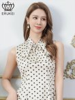 画像4: [送料無料][ERUKEI]アイボリー×ブラック・ピンク×ブラック・ドット・ノースリーブ・プチハイネック・リボン・Aライン・ミニドレス・ワンピース[即日発送][大きいサイズあり] (4)