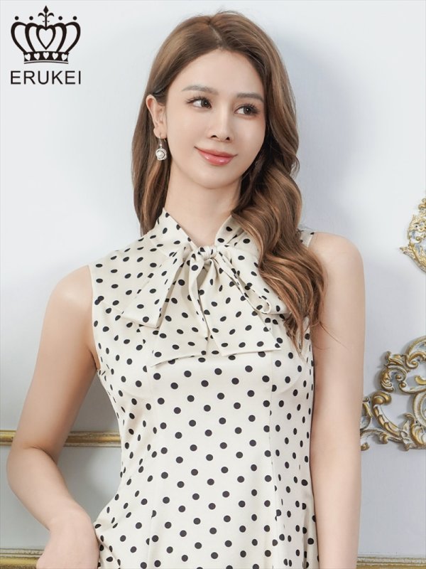 画像4: [送料無料][ERUKEI]アイボリー×ブラック・ピンク×ブラック・ドット・ノースリーブ・プチハイネック・リボン・Aライン・ミニドレス・ワンピース[即日発送][大きいサイズあり] (4)