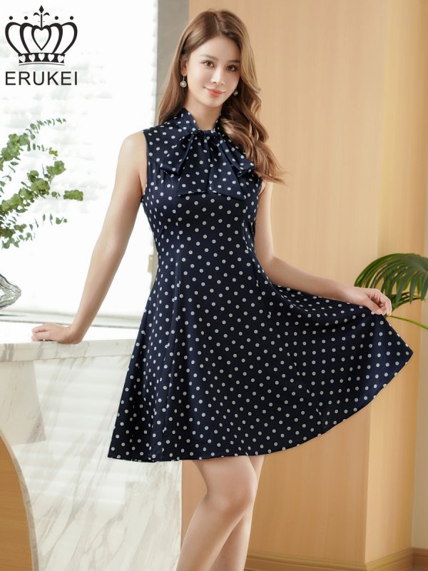 画像2: [送料無料][ERUKEI]ネイビー×ホワイト・アイボリー×ブラック・ピンク×ブラック・ドット・ノースリーブ・プチハイネック・リボン・Aライン・ミニドレス・ワンピース[即日発送][大きいサイズあり] (2)