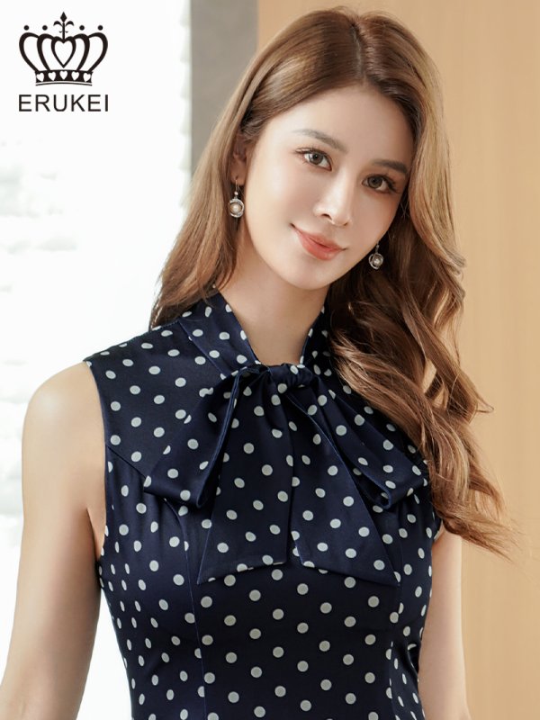 画像4: [送料無料][ERUKEI]ネイビー×ホワイト・アイボリー×ブラック・ピンク×ブラック・ドット・ノースリーブ・プチハイネック・リボン・Aライン・ミニドレス・ワンピース[即日発送][大きいサイズあり] (4)