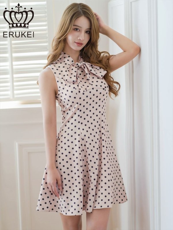 画像13: [送料無料][ERUKEI]ネイビー×ホワイト・アイボリー×ブラック・ピンク×ブラック・ドット・ノースリーブ・プチハイネック・リボン・Aライン・ミニドレス・ワンピース[即日発送][大きいサイズあり] (13)