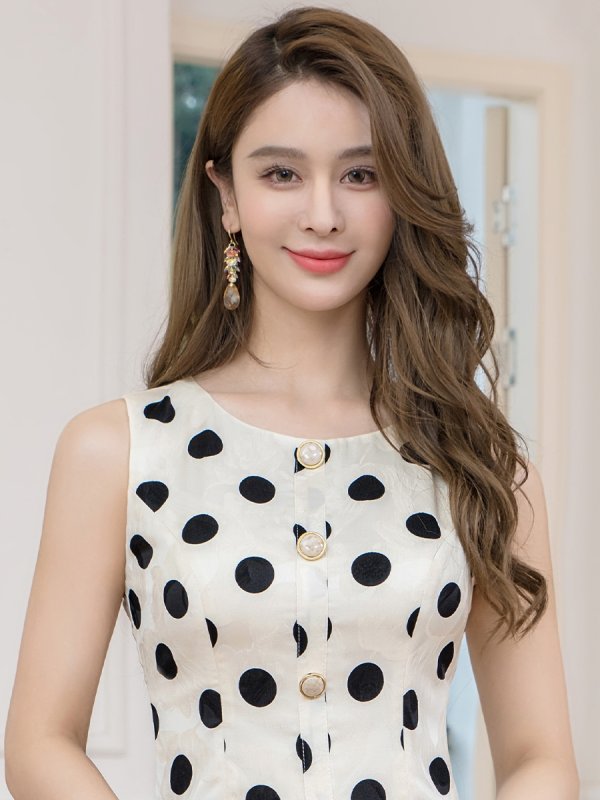 画像4: [送料無料][ERUKEI]ベージュ×ブラック・ブラック×ベージュ・サテンジャガード・花柄・ドット・プリント・ノースリーブ・裾プリーツ・Aライン・ミニドレス・ワンピース[即日発送][大きいサイズあり] (4)