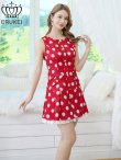 画像2: [送料無料][ERUKEI]レッド×ホワイト・ブラック×ベージュ・ベージュ×ブラック・ドット・ノースリーブ・プリーツ・Aライン・ミニドレス・ワンピース[即日発送][大きいサイズあり] (2)