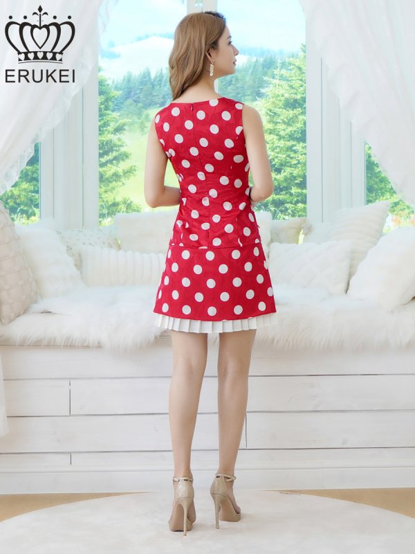 画像3: [送料無料][ERUKEI]レッド×ホワイト・ブラック×ベージュ・ベージュ×ブラック・ドット・ノースリーブ・プリーツ・Aライン・ミニドレス・ワンピース[即日発送][大きいサイズあり] (3)