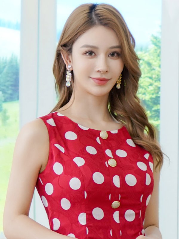 画像4: [送料無料][ERUKEI]レッド×ホワイト・ブラック×ベージュ・ベージュ×ブラック・ドット・ノースリーブ・プリーツ・Aライン・ミニドレス・ワンピース[即日発送][大きいサイズあり] (4)