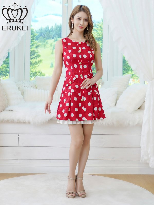 画像5: [送料無料][ERUKEI]レッド×ホワイト・ブラック×ベージュ・ベージュ×ブラック・ドット・ノースリーブ・プリーツ・Aライン・ミニドレス・ワンピース[即日発送][大きいサイズあり] (5)