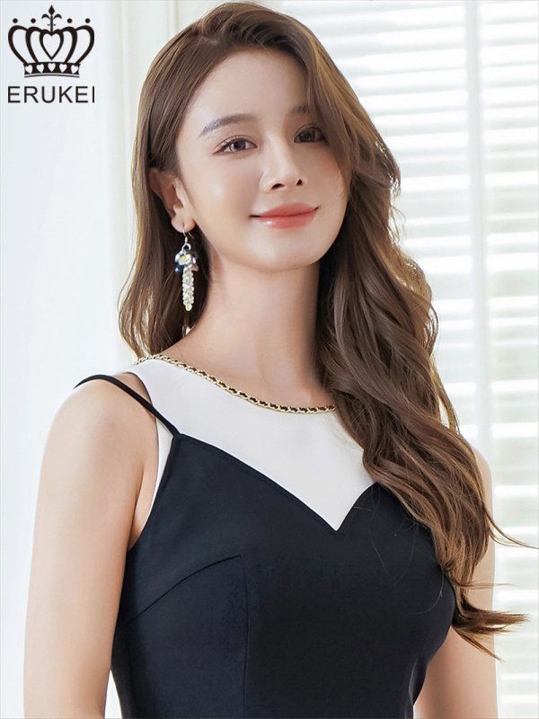 画像4: [送料無料][ERUKEI]ホワイト×ブラック・バイカラー・チェーンパイピング・レイヤード風・ノースリーブ・Aライン・フレア・ミニドレス・ワンピース[即日発送][大きいサイズあり] (4)