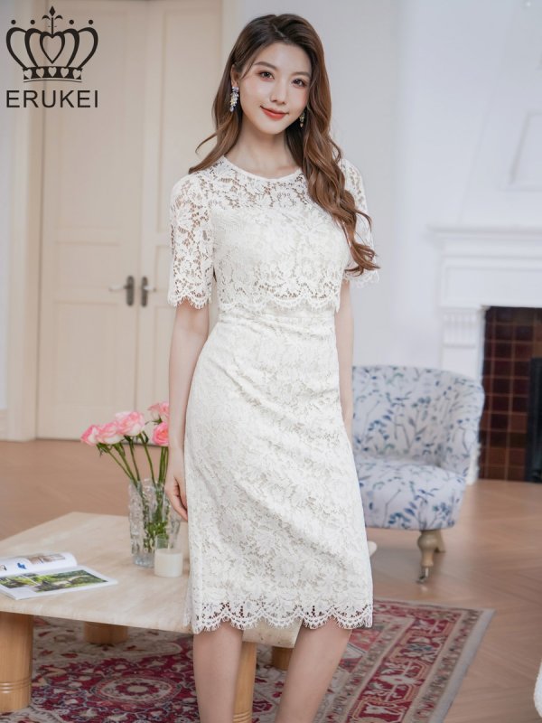 画像2: [送料無料][ERUKEI]ホワイト・総レース・フラワーレース・半袖・タイト・ミディアムドレス・ワンピース[即日発送][大きいサイズあり] (2)