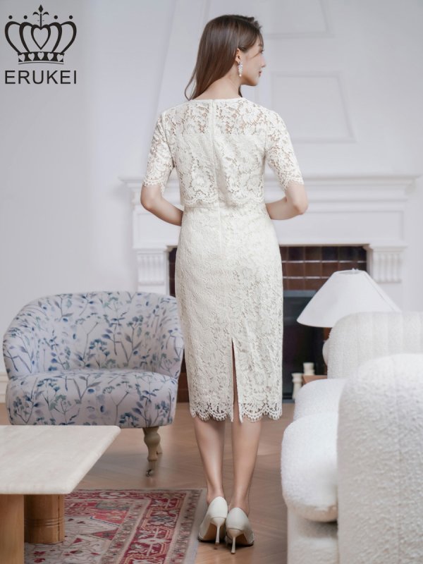 画像3: [送料無料][ERUKEI]ホワイト・総レース・フラワーレース・半袖・タイト・ミディアムドレス・ワンピース[即日発送][大きいサイズあり] (3)