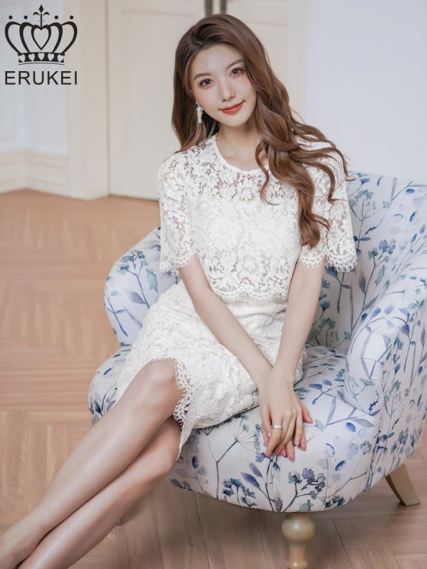 画像6: [送料無料][ERUKEI]ホワイト・総レース・フラワーレース・半袖・タイト・ミディアムドレス・ワンピース[即日発送][大きいサイズあり] (6)