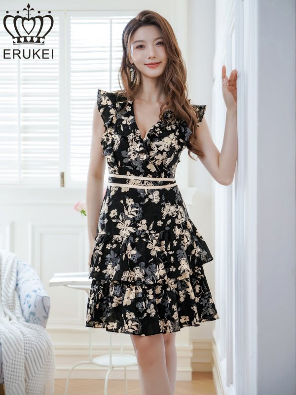 画像2: [送料無料][ERUKEI]ブラック×ベージュ・ノースリーブ・Vネック・花柄・ティアード・フリル・ミニドレス・ワンピース[即日発送][大きいサイズあり] (2)