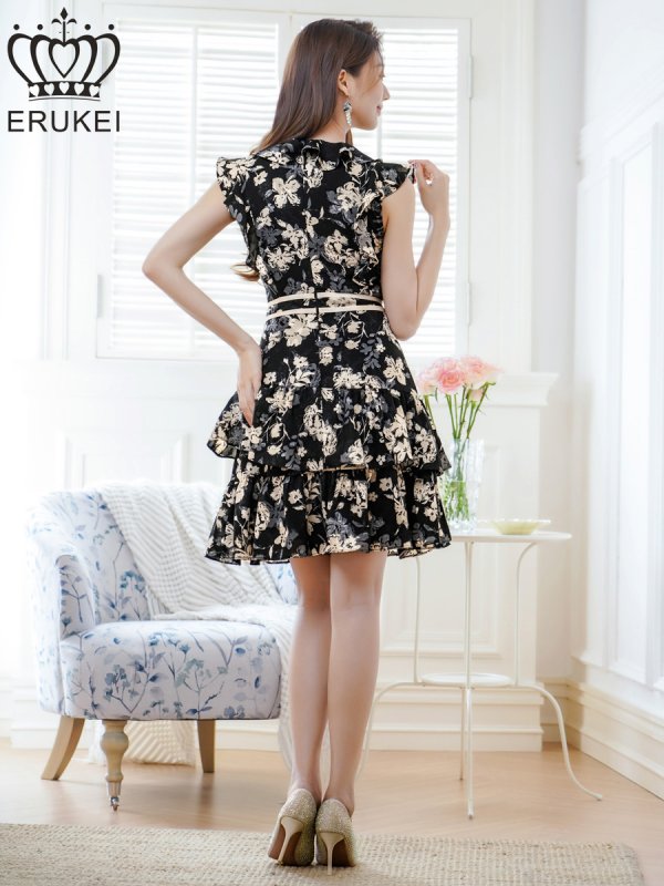 画像3: [送料無料][ERUKEI]ブラック×ベージュ・ノースリーブ・Vネック・花柄・ティアード・フリル・ミニドレス・ワンピース[即日発送][大きいサイズあり] (3)