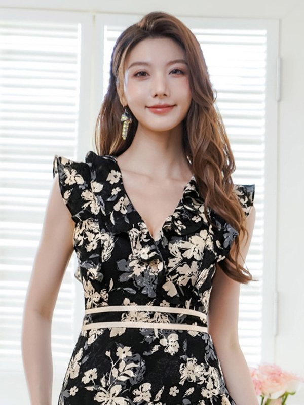 画像4: [送料無料][ERUKEI]ブラック×ベージュ・ノースリーブ・Vネック・花柄・ティアード・フリル・ミニドレス・ワンピース[即日発送][大きいサイズあり] (4)