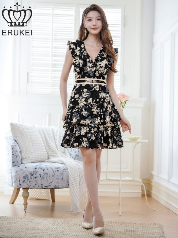 画像5: [送料無料][ERUKEI]ブラック×ベージュ・ノースリーブ・Vネック・花柄・ティアード・フリル・ミニドレス・ワンピース[即日発送][大きいサイズあり] (5)