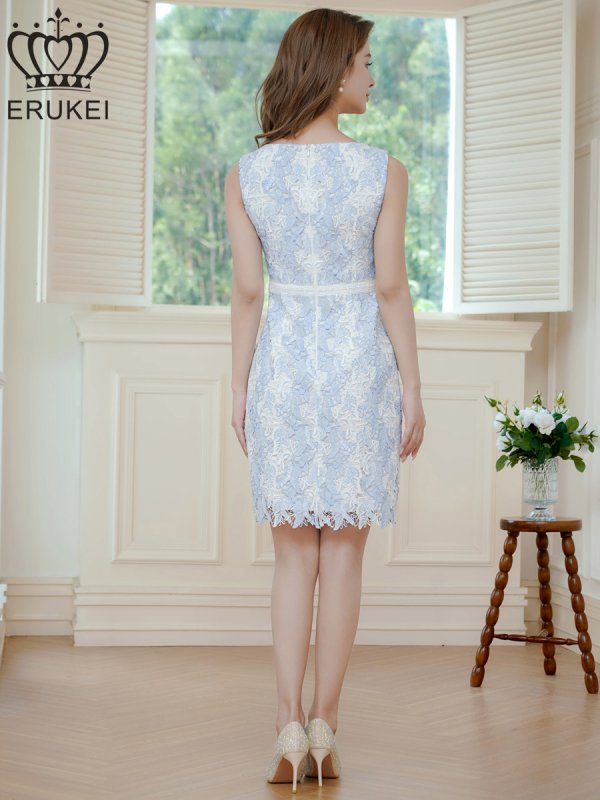 画像9: [送料無料][ERUKEI]グレー×ピンク・ブルー×ホワイト・バタフライ・蝶柄・ケミカルレース・総レース・ノースリーブ・切替・タイト・ミニドレス・ワンピース[即日発送][大きいサイズあり] (9)