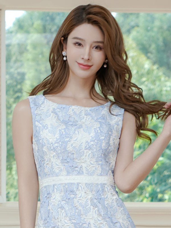 画像10: [送料無料][ERUKEI]グレー×ピンク・ブルー×ホワイト・バタフライ・蝶柄・ケミカルレース・総レース・ノースリーブ・切替・タイト・ミニドレス・ワンピース[即日発送][大きいサイズあり] (10)