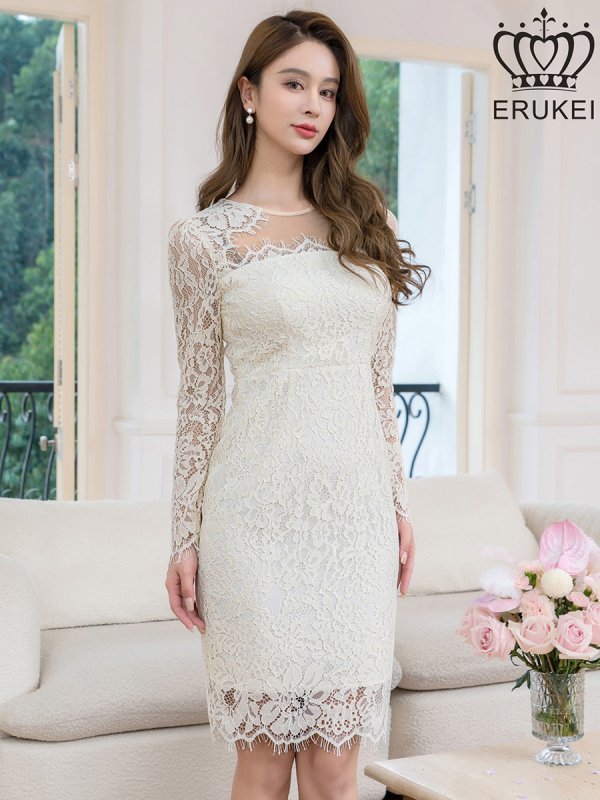 画像2: [送料無料][ERUKEI]アイボリー・総レース・シアー・ロングスリーブ・長袖・タイト・ミディアムドレス・ワンピース[即日発送][大きいサイズあり] (2)