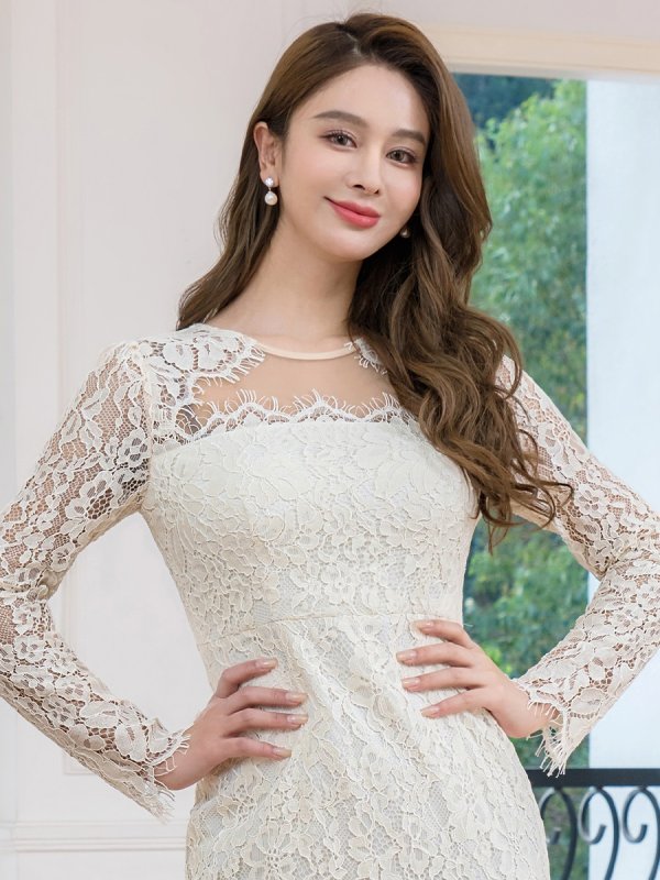 画像4: [送料無料][ERUKEI]アイボリー・総レース・シアー・ロングスリーブ・長袖・タイト・ミディアムドレス・ワンピース[即日発送][大きいサイズあり] (4)