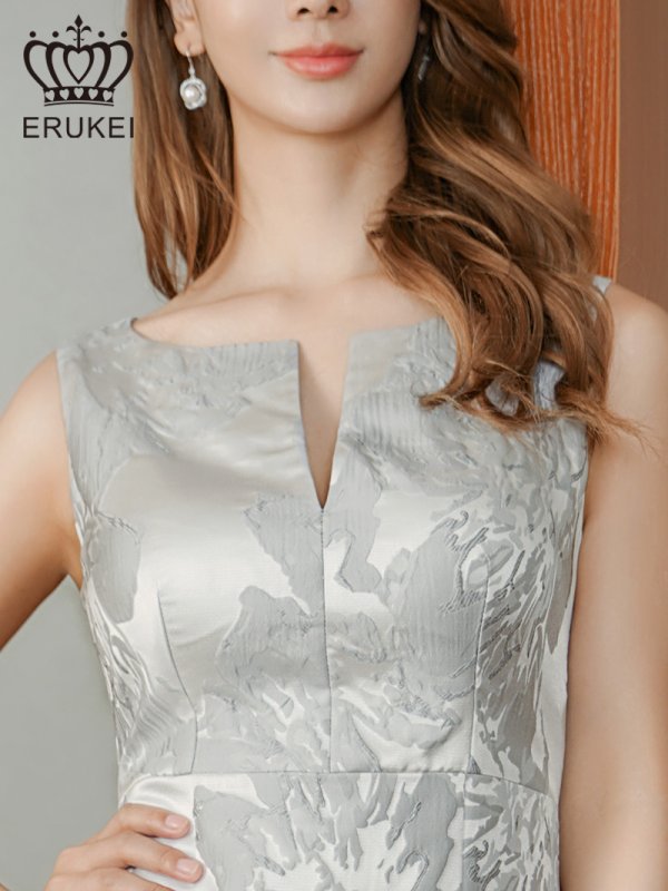 画像4: [送料無料][ERUKEI]グレー・イエロー・ピンク・ノースリーブ・花柄・ジャガード・胸元スリットカット・タイト・ミディアムドレス・ワンピース[即日発送][大きいサイズあり] (4)