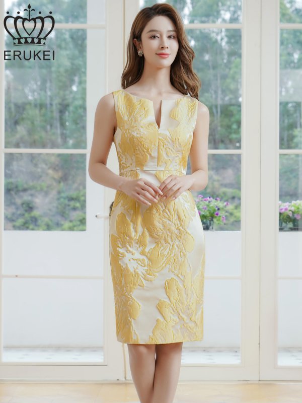 画像7: [送料無料][ERUKEI]ピンク・イエロー・グレー・ノースリーブ・花柄・ジャガード・胸元スリットカット・タイト・ミディアムドレス・ワンピース[即日発送][大きいサイズあり] (7)