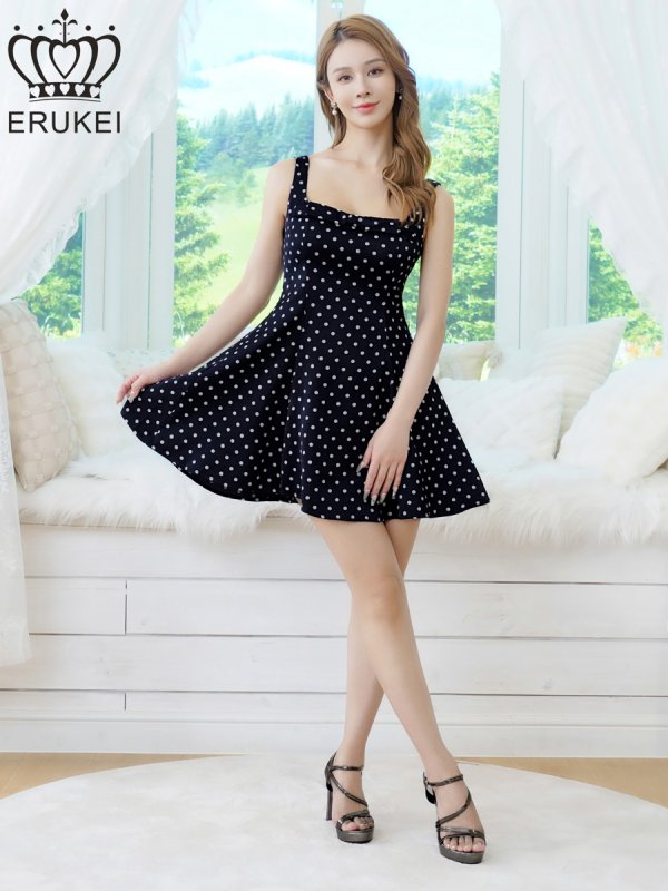 画像5: [送料無料][ERUKEI]ネイビー×ホワイト・レッド×ホワイト・アンゴラレッド・アイボリー×ブラック・ピンク×ブラック・ドット・ワンカラー・サテン・ノースリーブ・リボン・フレア・Aライン・ミニドレス・ワンピース[即日発送][大きいサイズあり] (5)
