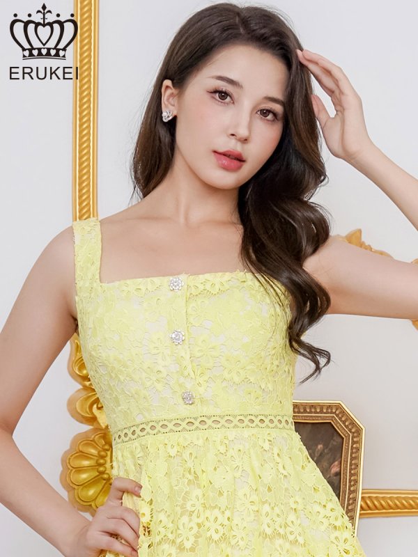 画像10: [送料無料][ERUKEI]ホワイト・イエロー・ケミカルレース・ビジューボタン・スクエアネック・ノースリーブ・ティアード・Aライン・ミニドレス・ワンピース[即日発送][大きいサイズあり] (10)