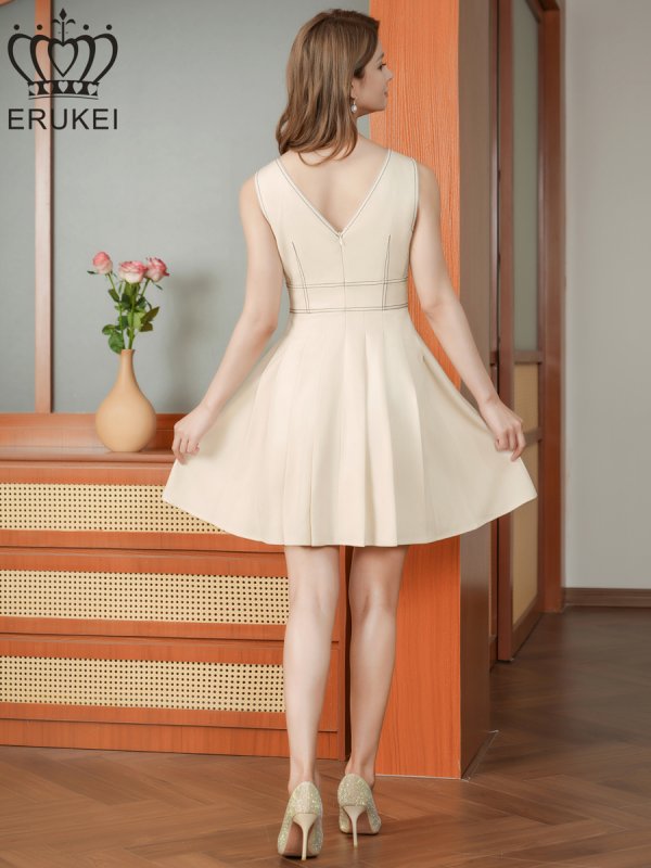 画像3: [送料無料][ERUKEI]アイボリー・ワンカラー・ステッチ・Vネック・ノースリーブ・プリーツ・Aライン・ミニドレス・ワンピース[即日発送][大きいサイズあり] (3)