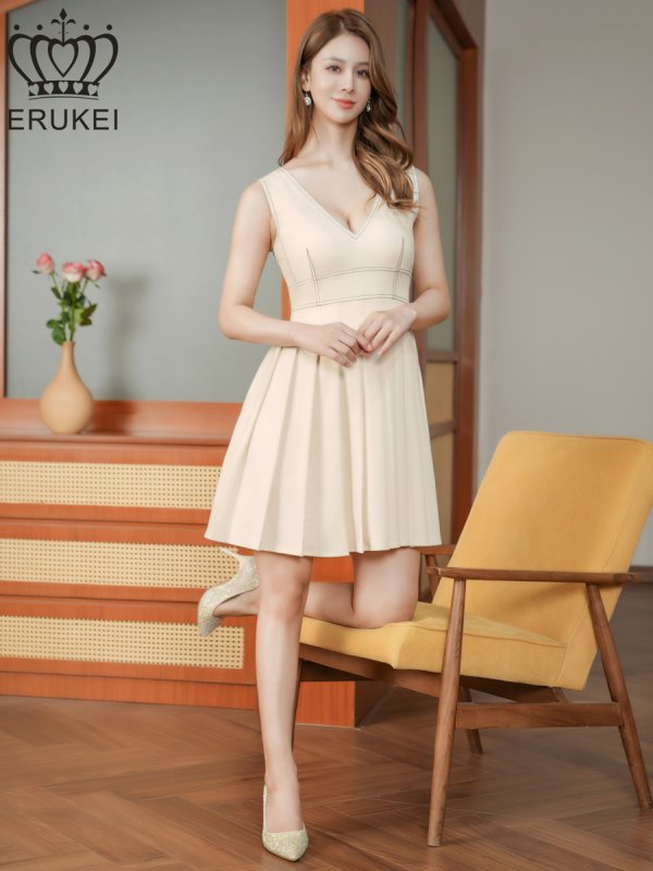 画像5: [送料無料][ERUKEI]アイボリー・ワンカラー・ステッチ・Vネック・ノースリーブ・プリーツ・Aライン・ミニドレス・ワンピース[即日発送][大きいサイズあり] (5)