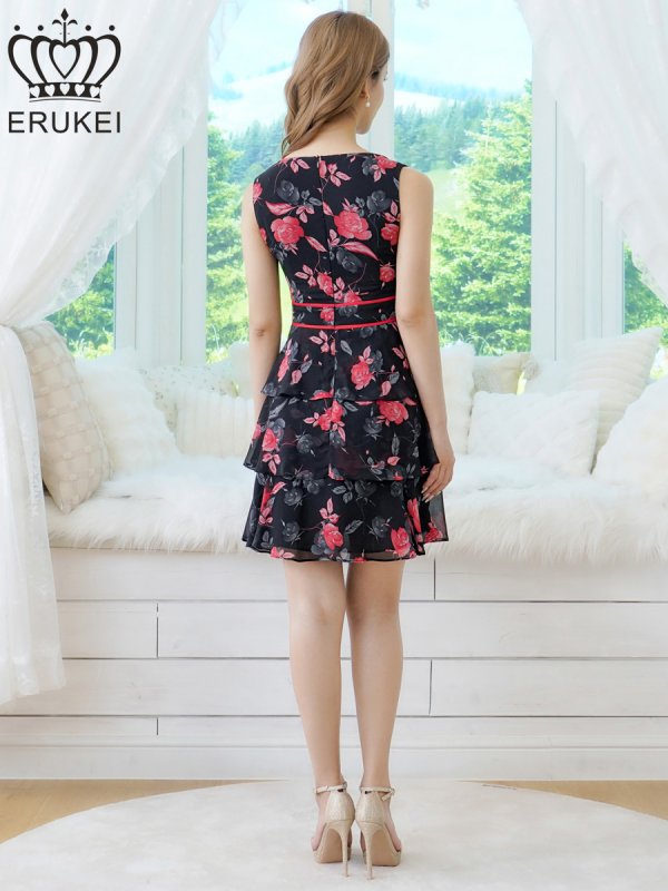 画像9: [送料無料][ERUKEI]イエロー・レッド・花柄・ノースリーブ・Vネック・ティアード・フレア・Aライン・ミニドレス・ワンピース[即日発送][大きいサイズあり] (9)